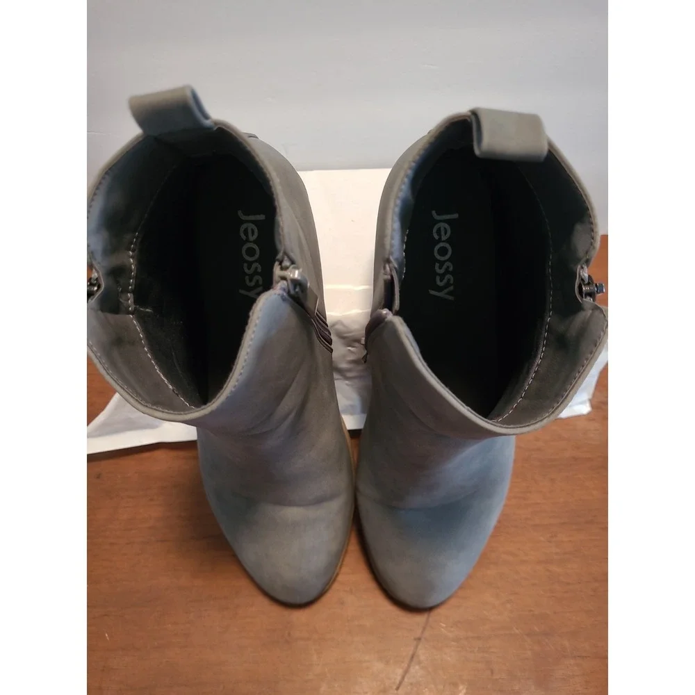 JEOSSY Women's Ankle Boots Gray Thick Heel Low Heel 905 Sz 8.5 Double Zipper